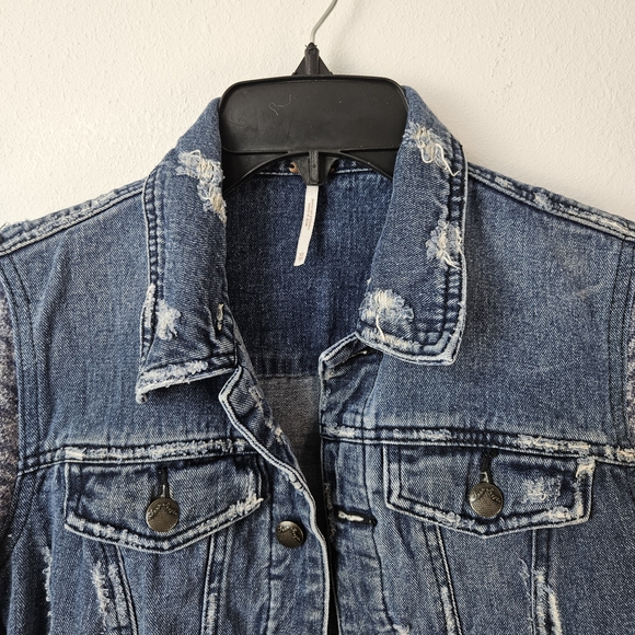 Free People Mixed Media Space Dye Knit Denim Jean Jacket Blue Size XS - Picture 4 of 9